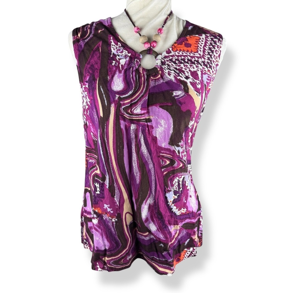Y2K Purple Abstract Beaded Neck Top Womens Size XL Artsy Indie Boho Made In USA - Picture 2 of 9